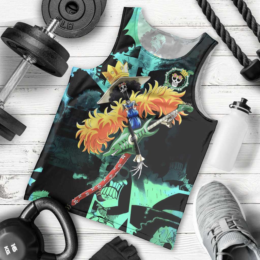 Brook One Piece Green and Black Theme Men Tank Top with Soul King Guitar and Skeleton Jolly Roger Design - The Mazicc