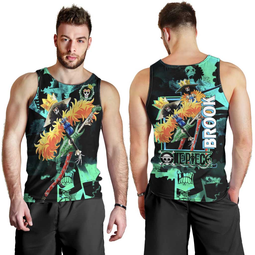 Brook One Piece Green and Black Theme Men Tank Top with Soul King Guitar and Skeleton Jolly Roger Design - The Mazicc
