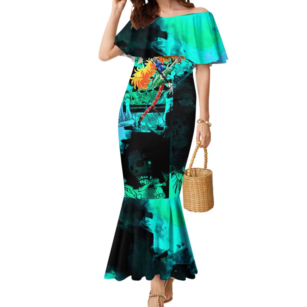 Brook One Piece Green and Black Theme Mermaid Dress with Soul King Guitar and Skeleton Jolly Roger Design - The Mazicc