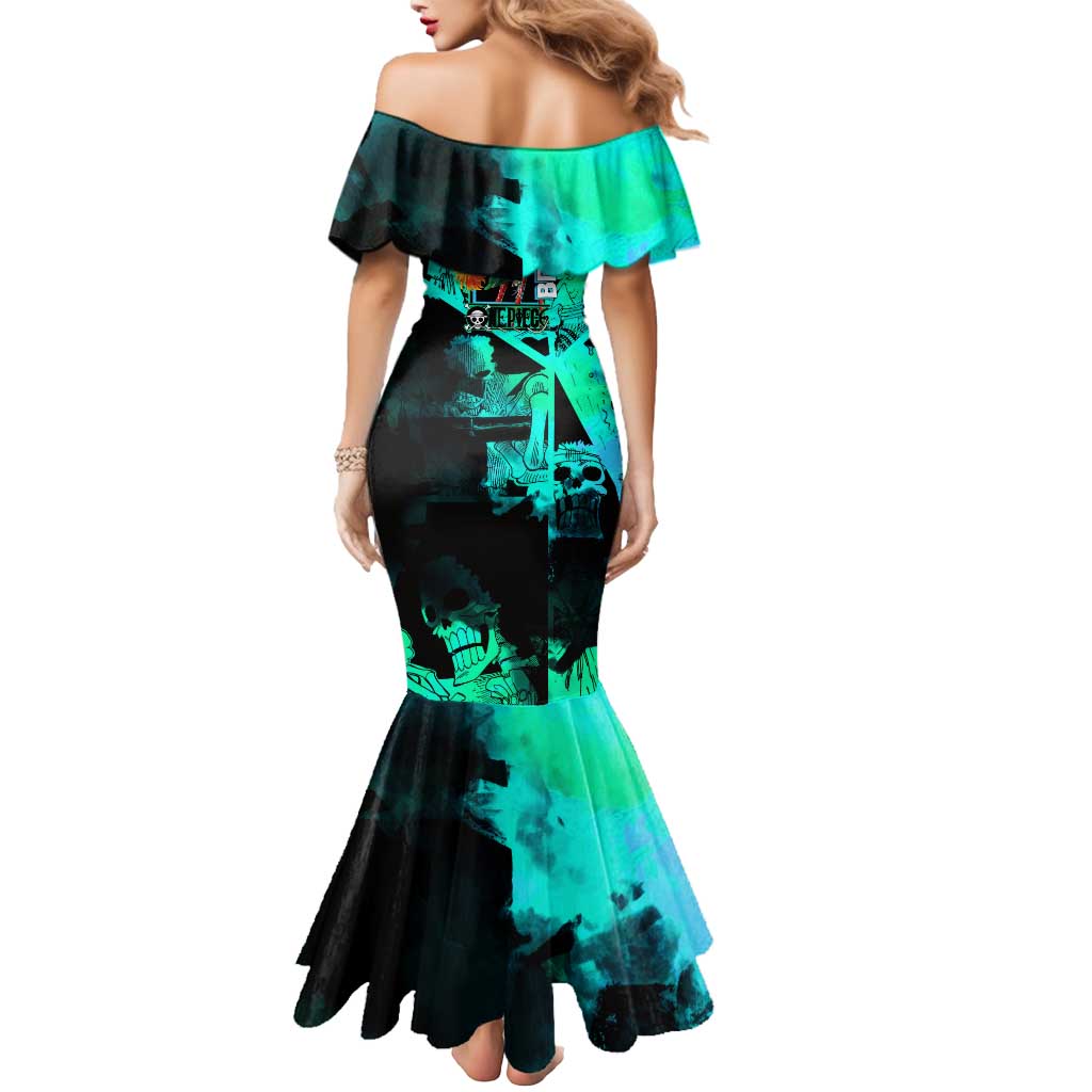 Brook One Piece Green and Black Theme Mermaid Dress with Soul King Guitar and Skeleton Jolly Roger Design - The Mazicc