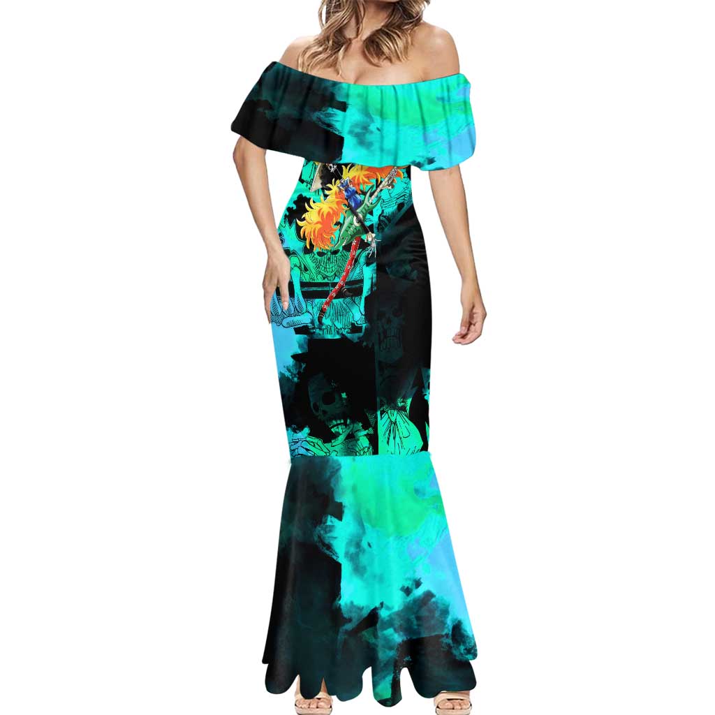 Brook One Piece Green and Black Theme Mermaid Dress with Soul King Guitar and Skeleton Jolly Roger Design - The Mazicc