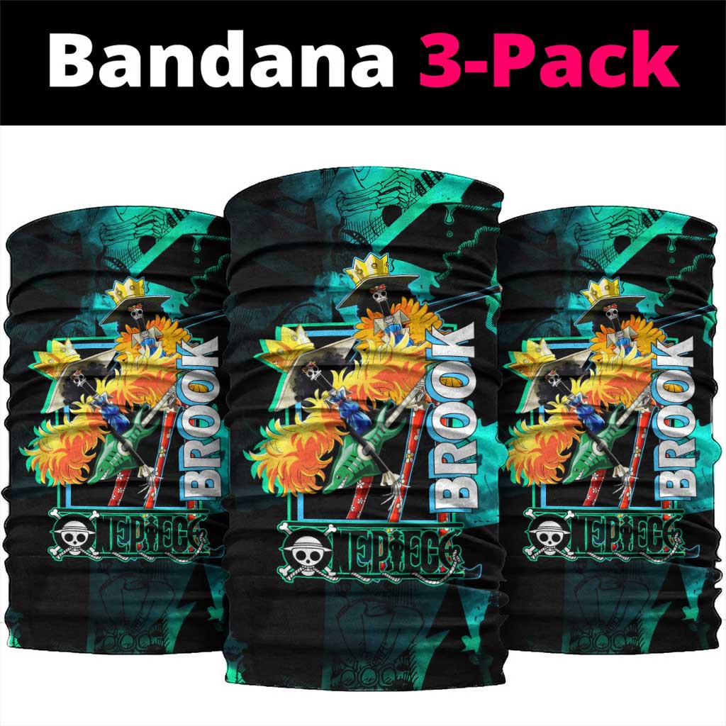 Brook One Piece Green and Black Theme Neck Gaiter with Soul King Guitar and Skeleton Jolly Roger Design - The Mazicc