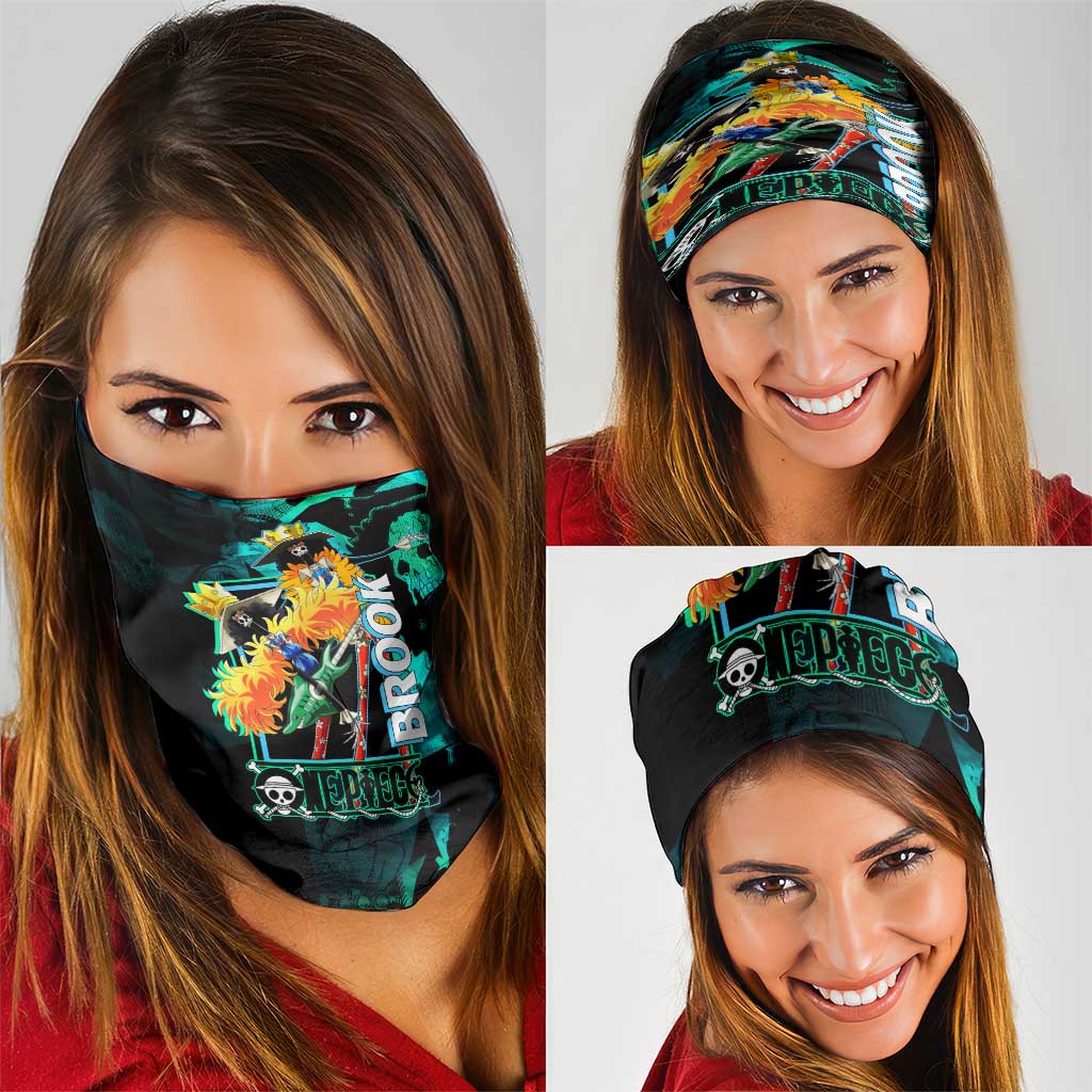Brook One Piece Green and Black Theme Neck Gaiter with Soul King Guitar and Skeleton Jolly Roger Design - The Mazicc
