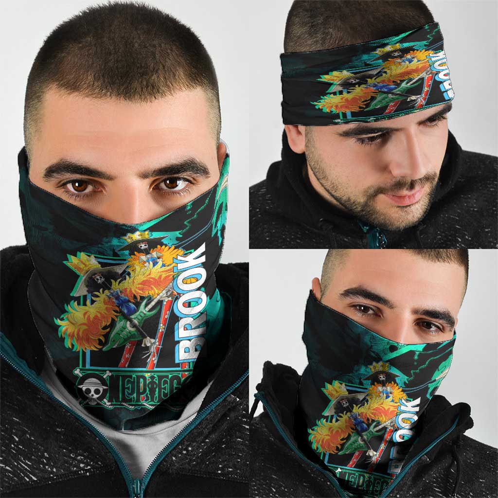 Brook One Piece Green and Black Theme Neck Gaiter with Soul King Guitar and Skeleton Jolly Roger Design - The Mazicc