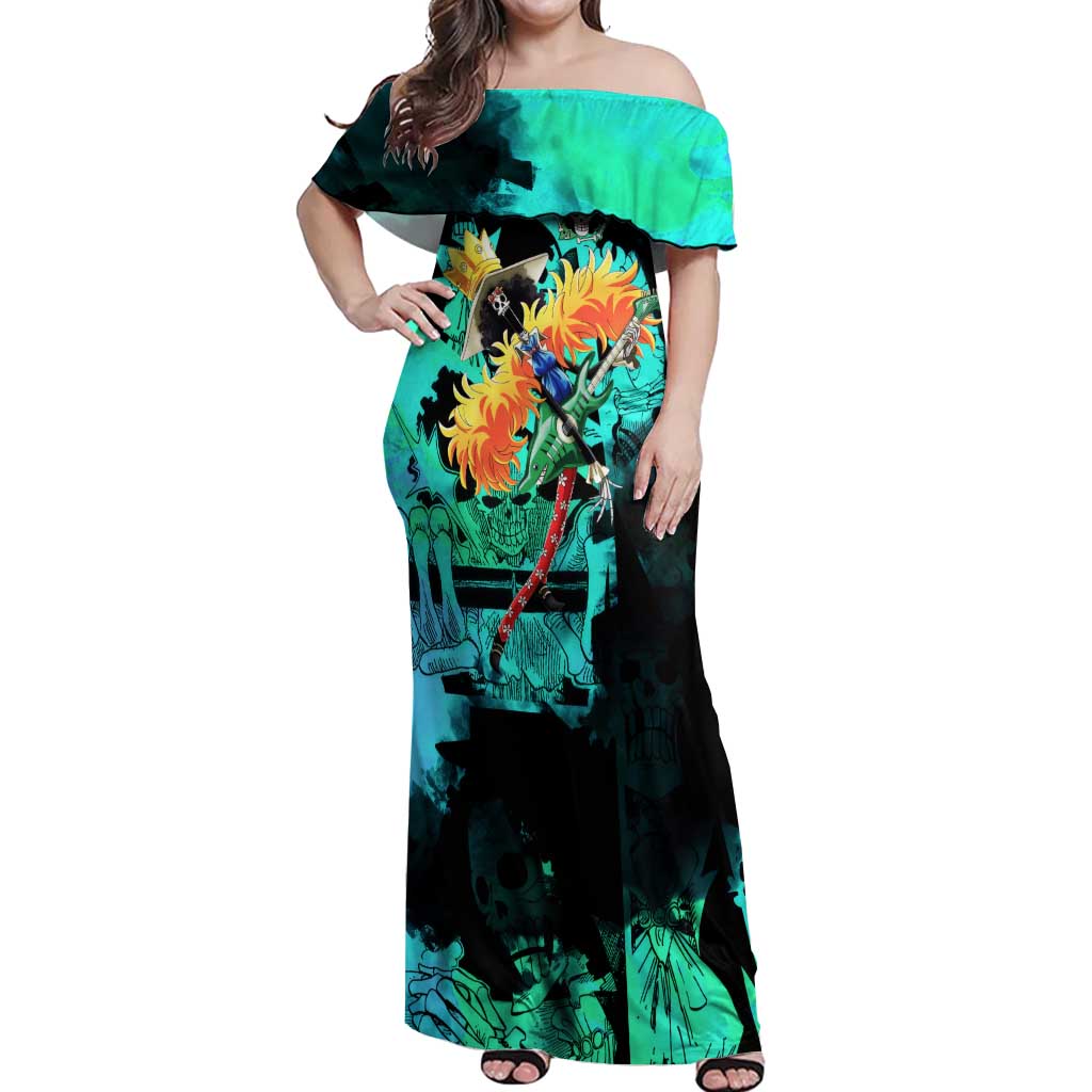 Brook One Piece Green and Black Theme Off Shoulder Maxi Dress with Soul King Guitar and Skeleton Jolly Roger Design - The Mazicc