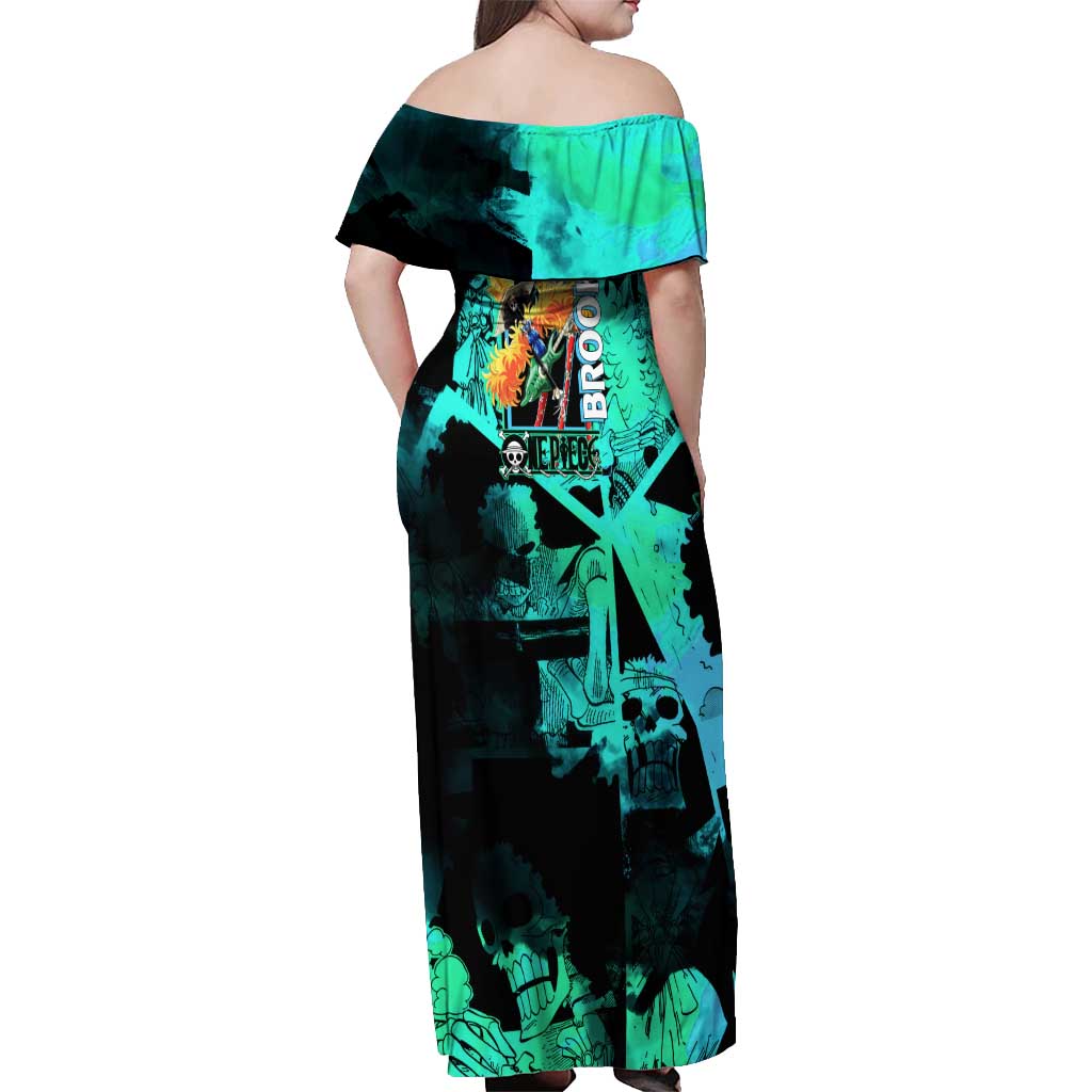Brook One Piece Green and Black Theme Off Shoulder Maxi Dress with Soul King Guitar and Skeleton Jolly Roger Design - The Mazicc