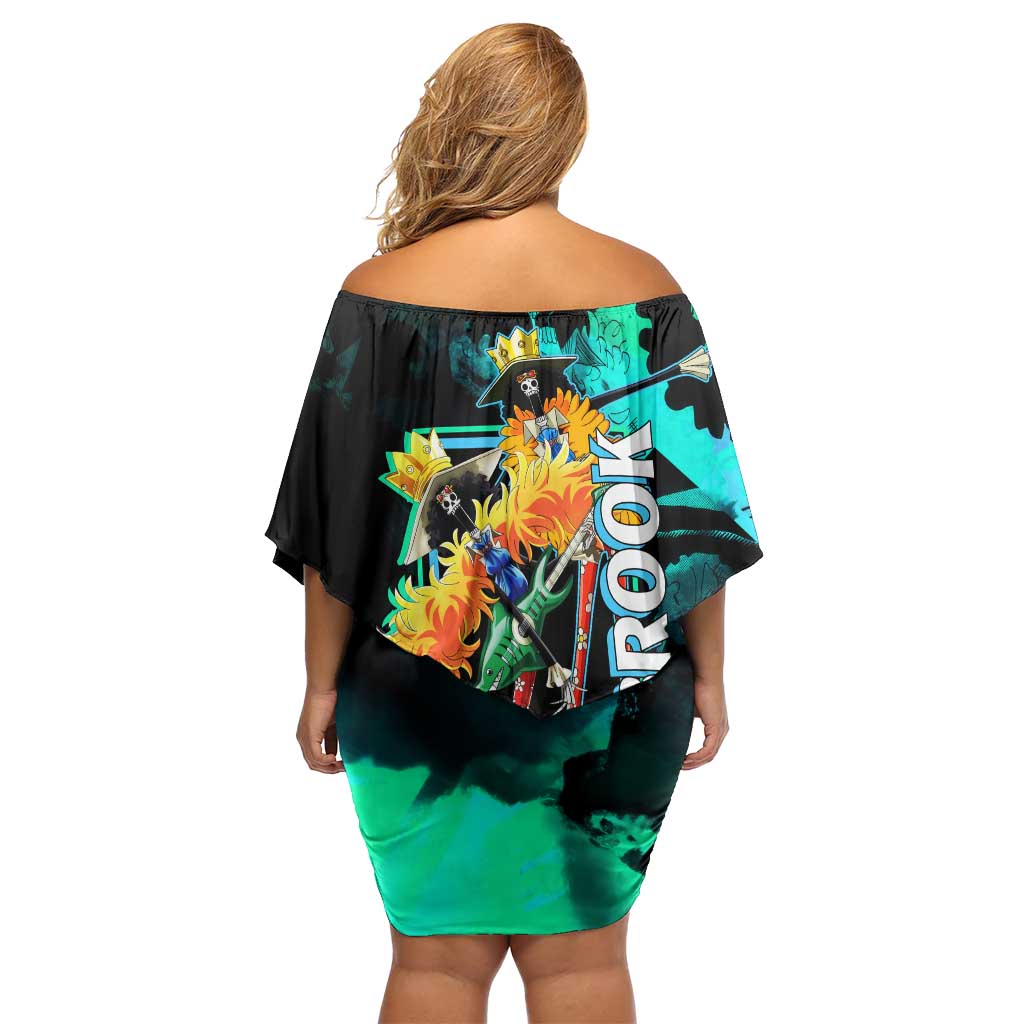 Brook One Piece Green and Black Theme Off Shoulder Short Dress with Soul King Guitar and Skeleton Jolly Roger Design - The Mazicc