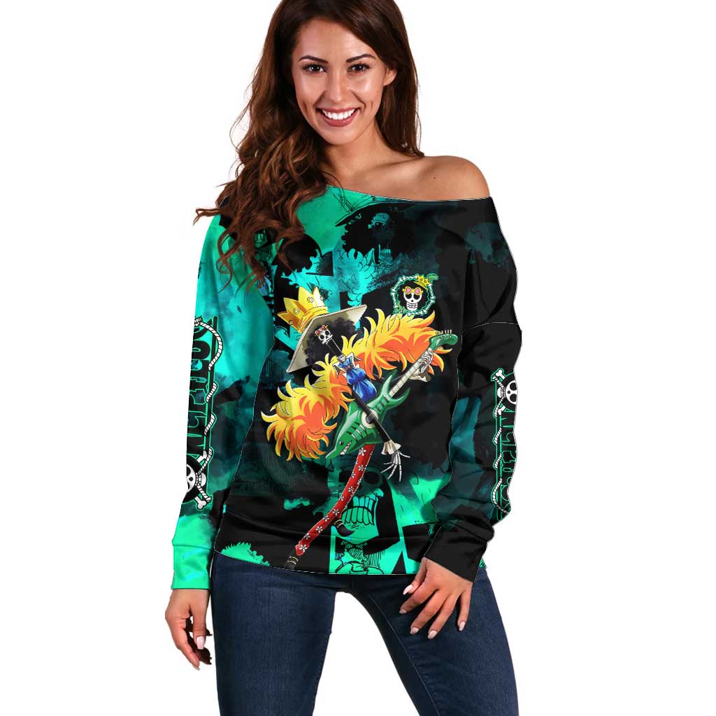 Brook One Piece Green and Black Theme Off Shoulder Sweater with Soul King Guitar and Skeleton Jolly Roger Design - The Mazicc