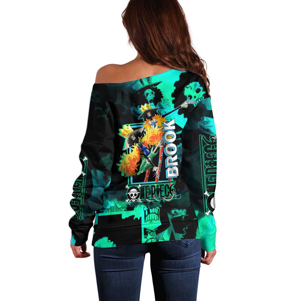 Brook One Piece Green and Black Theme Off Shoulder Sweater with Soul King Guitar and Skeleton Jolly Roger Design - The Mazicc