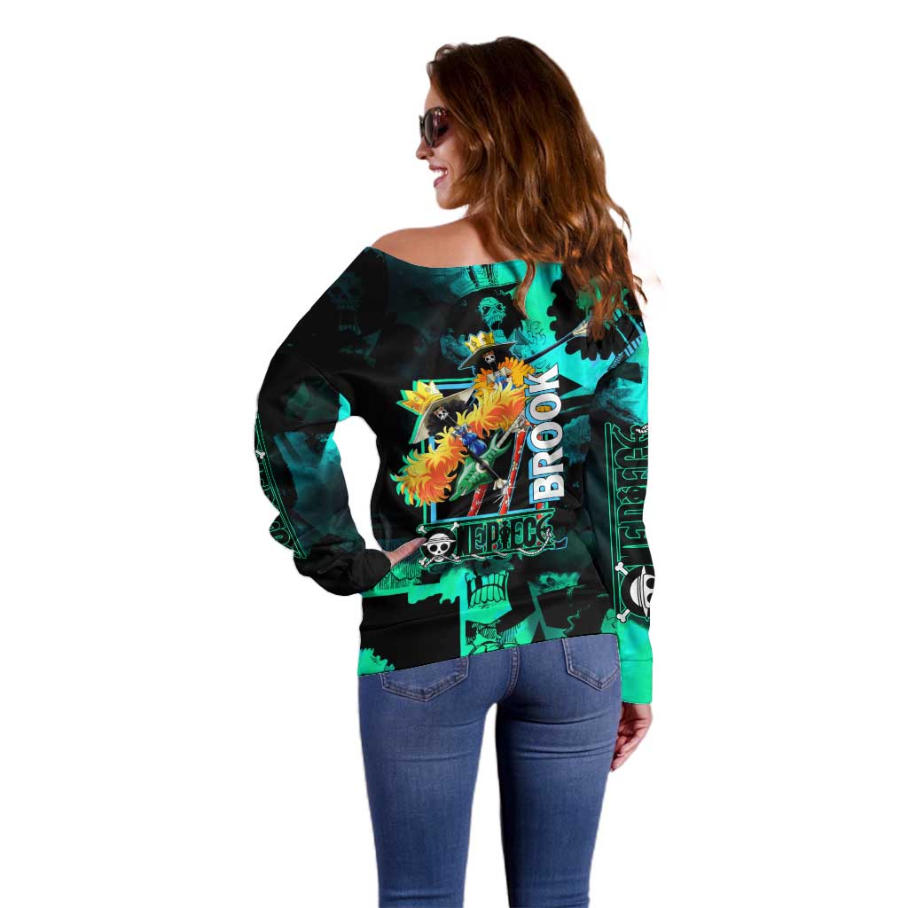 Brook One Piece Green and Black Theme Off Shoulder Sweater with Soul King Guitar and Skeleton Jolly Roger Design - The Mazicc