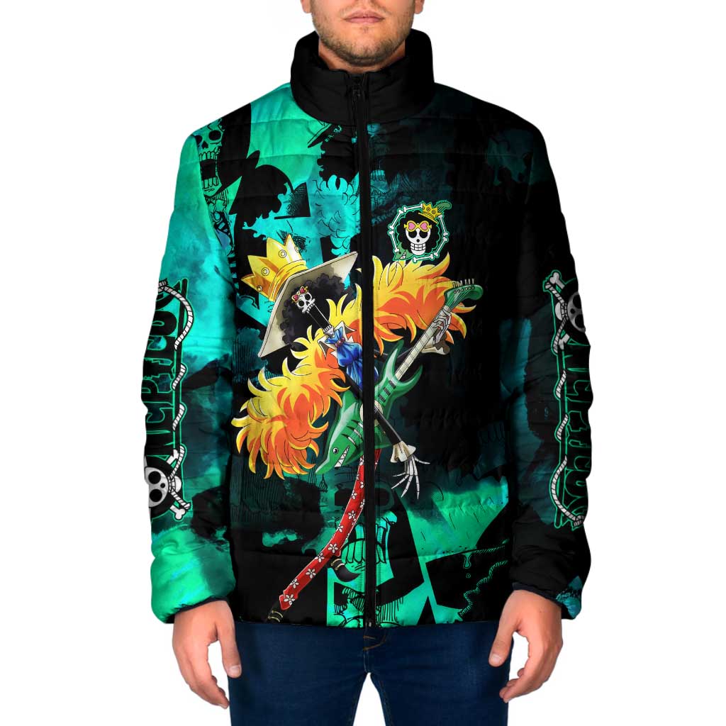 Brook One Piece Green and Black Theme Padded Jacket with Soul King Guitar and Skeleton Jolly Roger Design - The Mazicc
