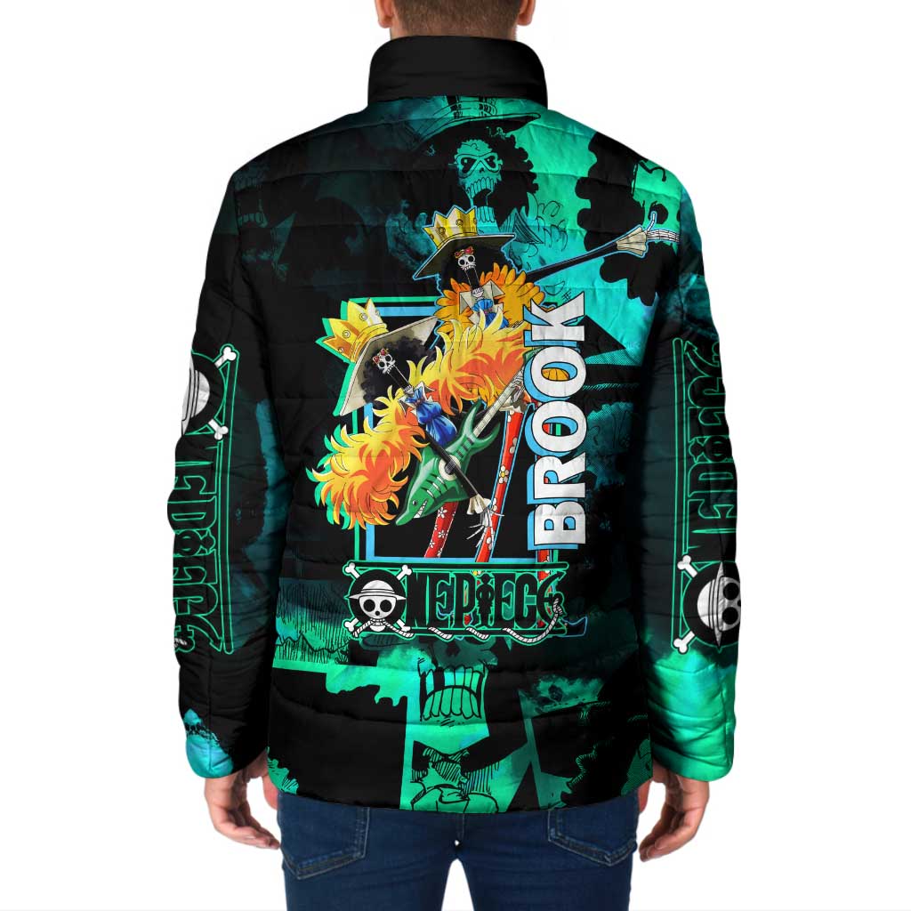 Brook One Piece Green and Black Theme Padded Jacket with Soul King Guitar and Skeleton Jolly Roger Design - The Mazicc