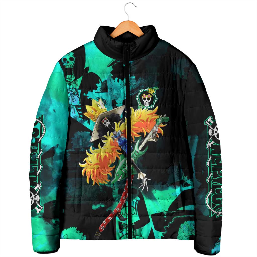 Brook One Piece Green and Black Theme Padded Jacket with Soul King Guitar and Skeleton Jolly Roger Design - The Mazicc