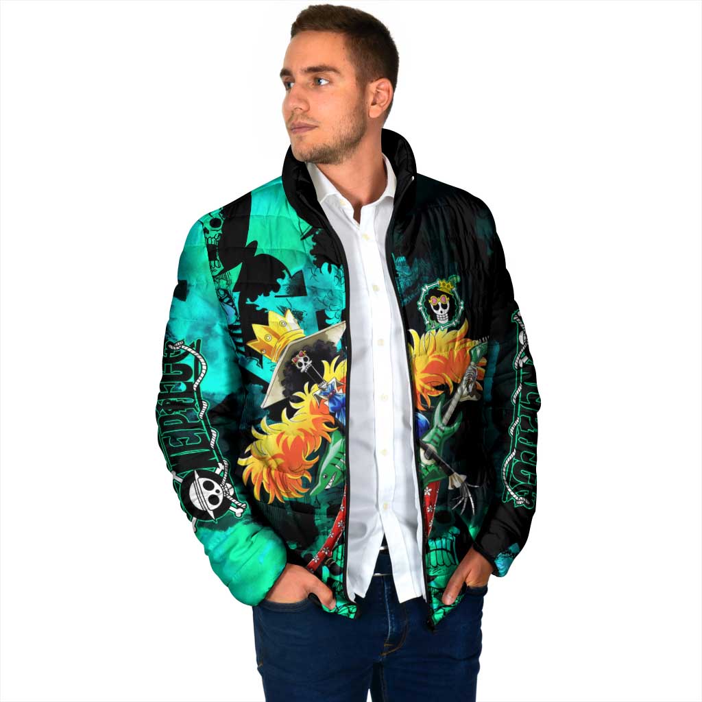 Brook One Piece Green and Black Theme Padded Jacket with Soul King Guitar and Skeleton Jolly Roger Design - The Mazicc