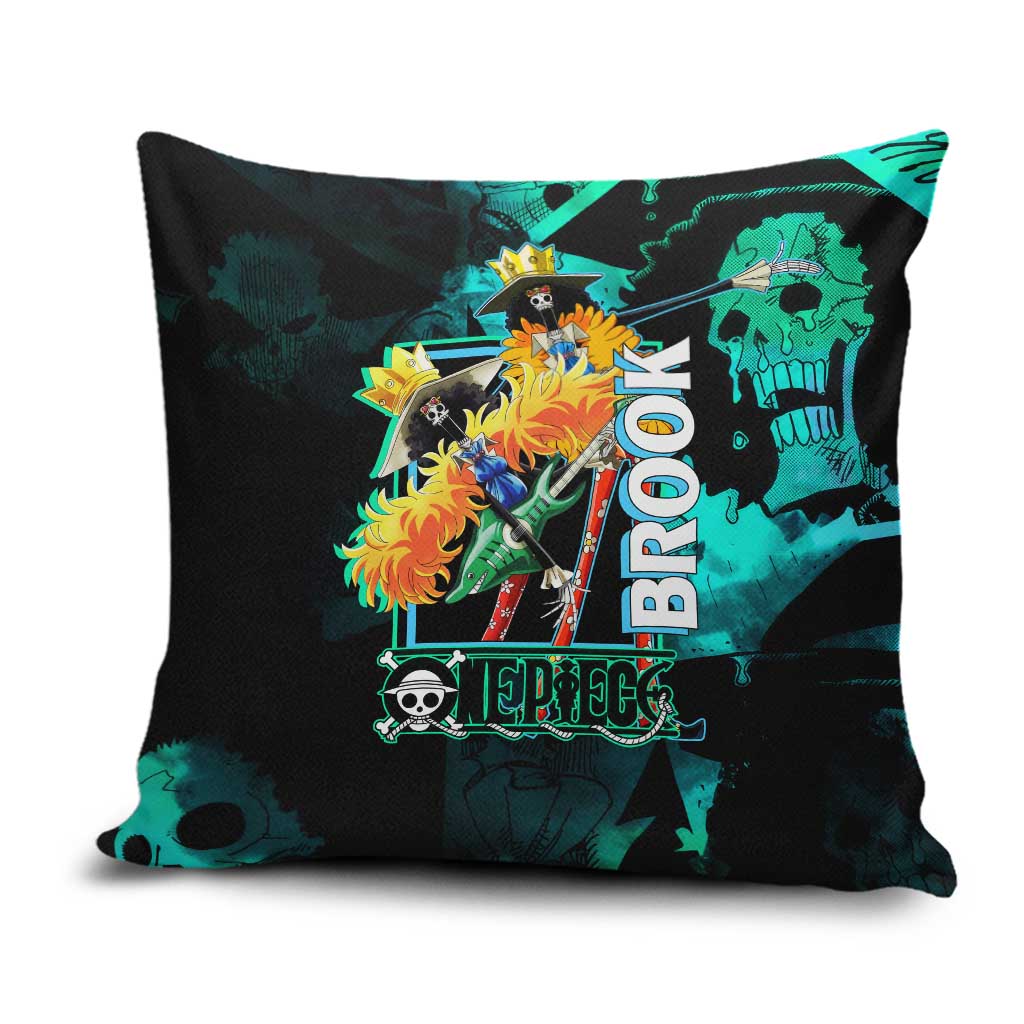 Brook One Piece Green and Black Theme Pillow Cover with Soul King Guitar and Skeleton Jolly Roger Design - The Mazicc