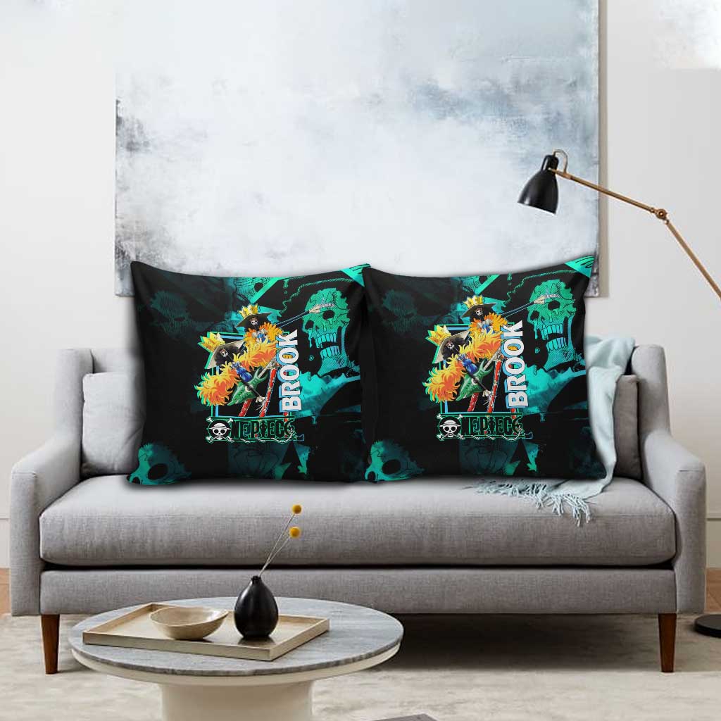 Brook One Piece Green and Black Theme Pillow Cover with Soul King Guitar and Skeleton Jolly Roger Design - The Mazicc