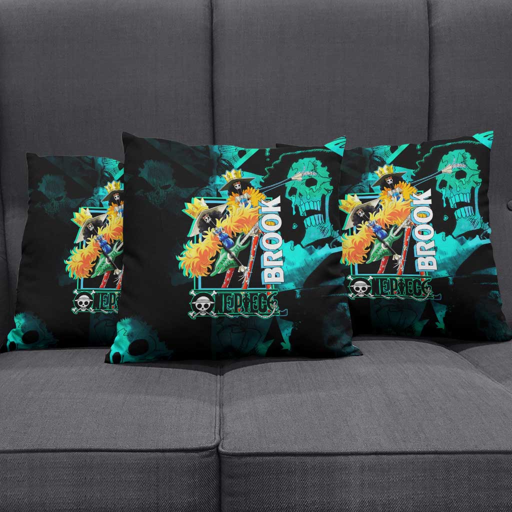 Brook One Piece Green and Black Theme Pillow Cover with Soul King Guitar and Skeleton Jolly Roger Design - The Mazicc