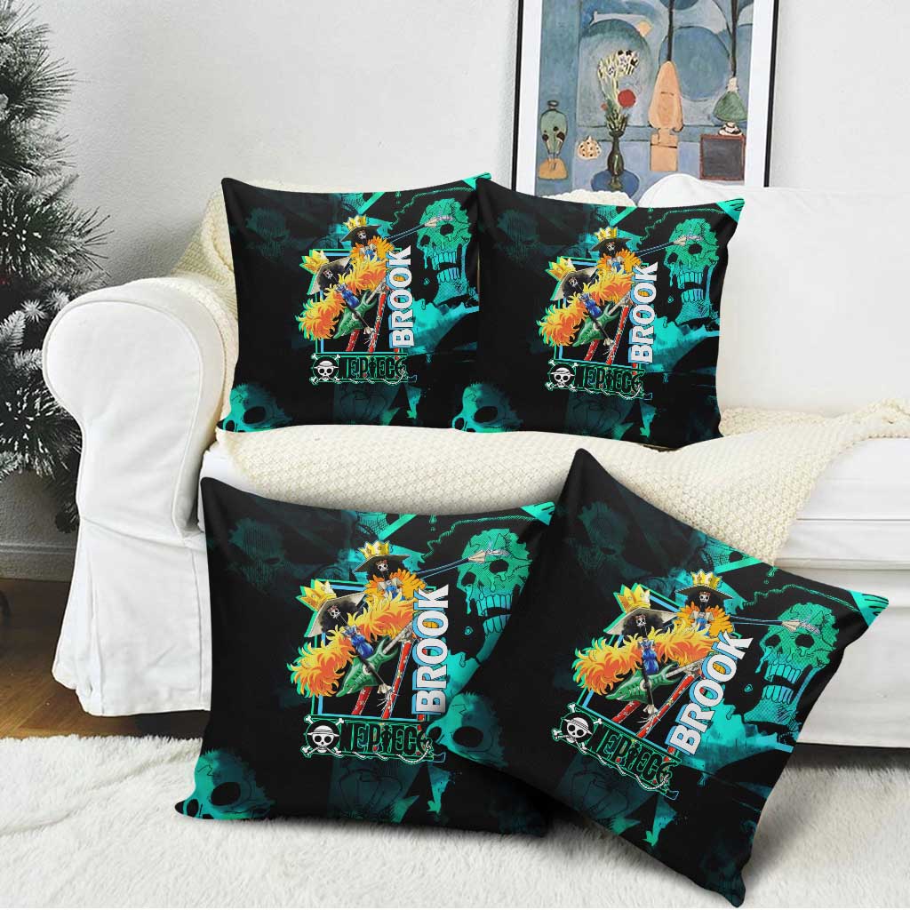 Brook One Piece Green and Black Theme Pillow Cover with Soul King Guitar and Skeleton Jolly Roger Design - The Mazicc