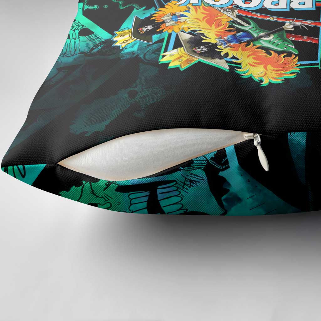 Brook One Piece Green and Black Theme Pillow Cover with Soul King Guitar and Skeleton Jolly Roger Design - The Mazicc