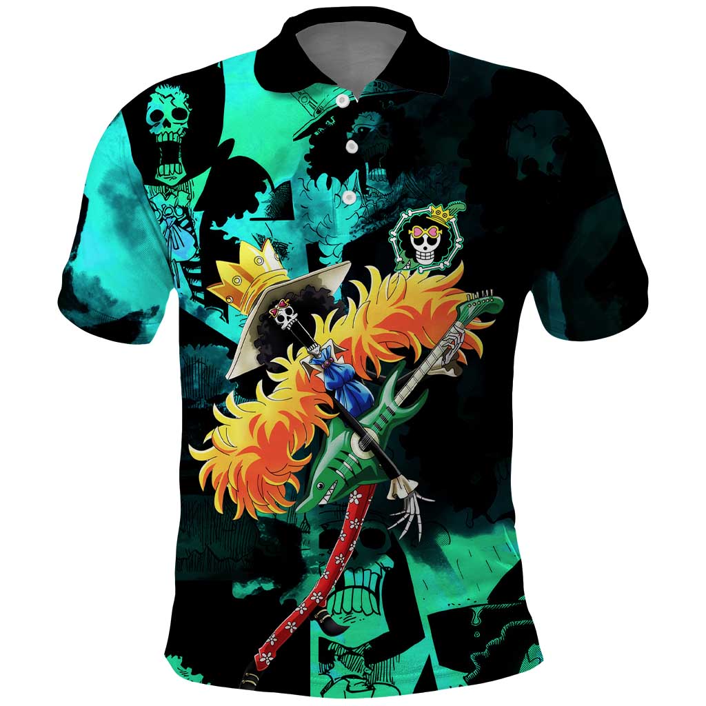 Brook One Piece Green and Black Theme Polo Shirt with Soul King Guitar and Skeleton Jolly Roger Design - The Mazicc