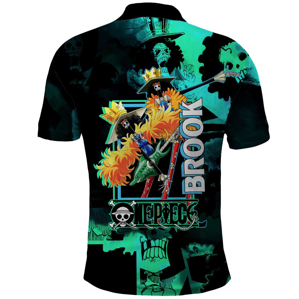 Brook One Piece Green and Black Theme Polo Shirt with Soul King Guitar and Skeleton Jolly Roger Design - The Mazicc