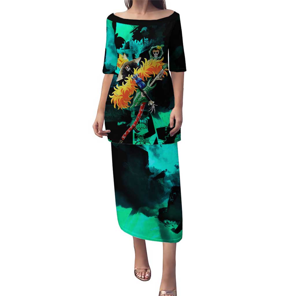 Brook One Piece Green and Black Theme Puletasi with Soul King Guitar and Skeleton Jolly Roger Design - The Mazicc