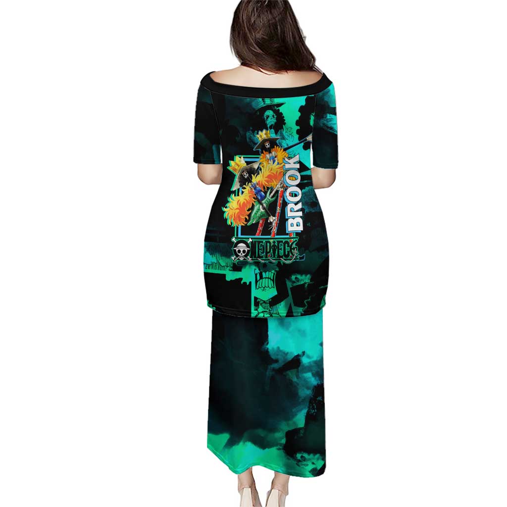 Brook One Piece Green and Black Theme Puletasi with Soul King Guitar and Skeleton Jolly Roger Design - The Mazicc