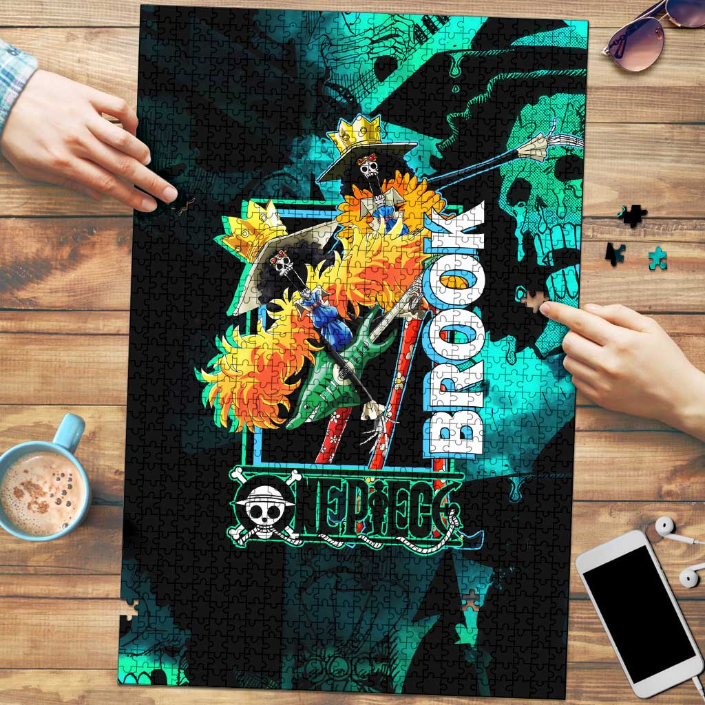 Brook One Piece Green and Black Theme Puzzle with Soul King Guitar and Skeleton Jolly Roger Design - The Mazicc