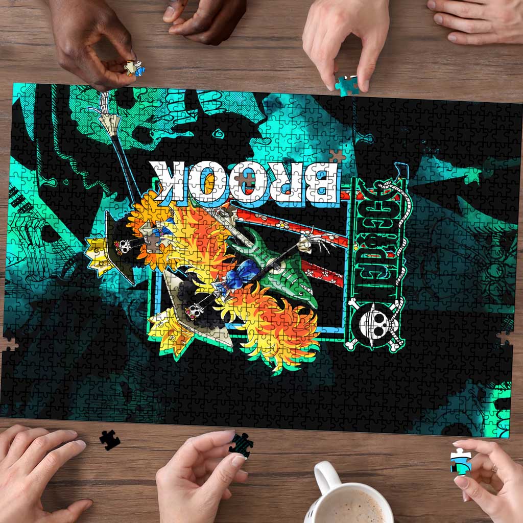 Brook One Piece Green and Black Theme Puzzle with Soul King Guitar and Skeleton Jolly Roger Design - The Mazicc