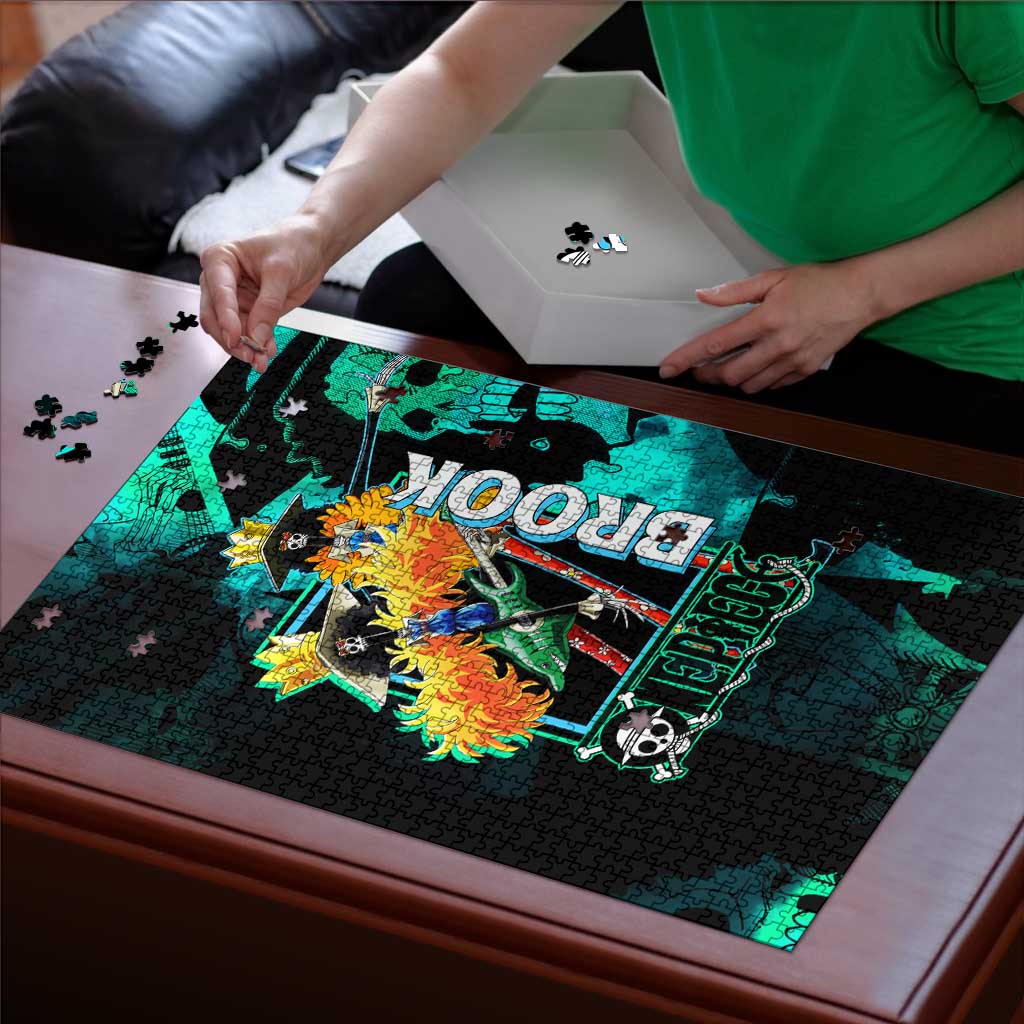 Brook One Piece Green and Black Theme Puzzle with Soul King Guitar and Skeleton Jolly Roger Design - The Mazicc