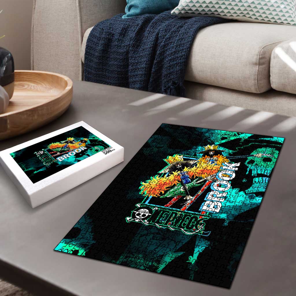 Brook One Piece Green and Black Theme Puzzle with Soul King Guitar and Skeleton Jolly Roger Design - The Mazicc