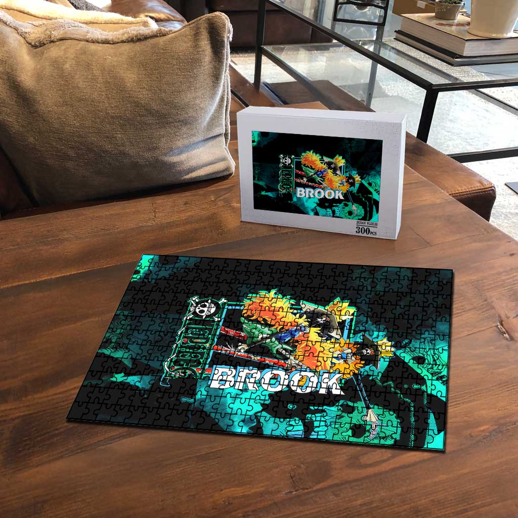 Brook One Piece Green and Black Theme Puzzle with Soul King Guitar and Skeleton Jolly Roger Design - The Mazicc