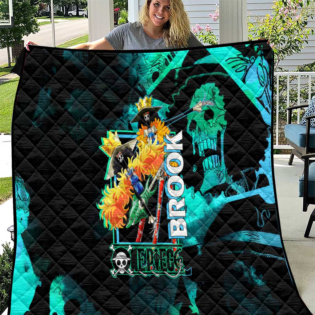 Brook One Piece Green and Black Theme Quilt with Soul King Guitar and Skeleton Jolly Roger Design - The Mazicc