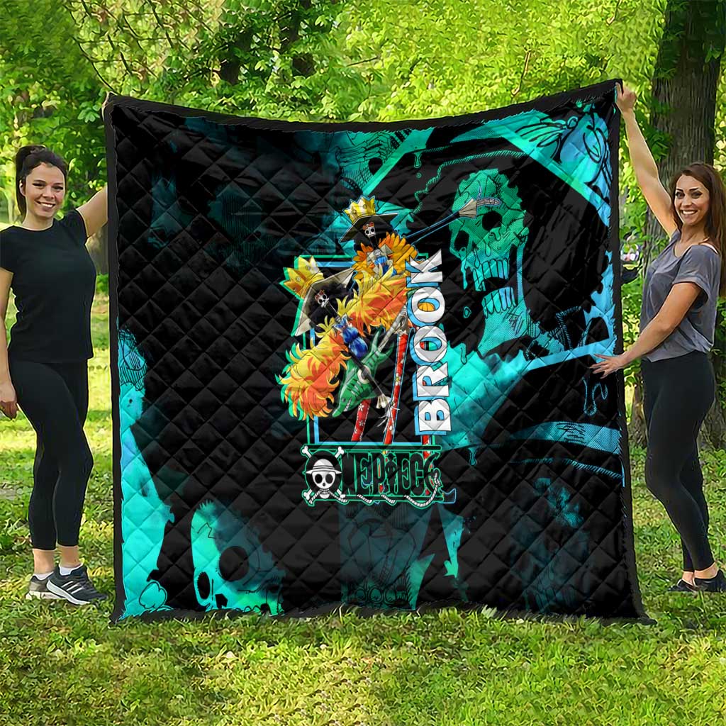 Brook One Piece Green and Black Theme Quilt with Soul King Guitar and Skeleton Jolly Roger Design - The Mazicc
