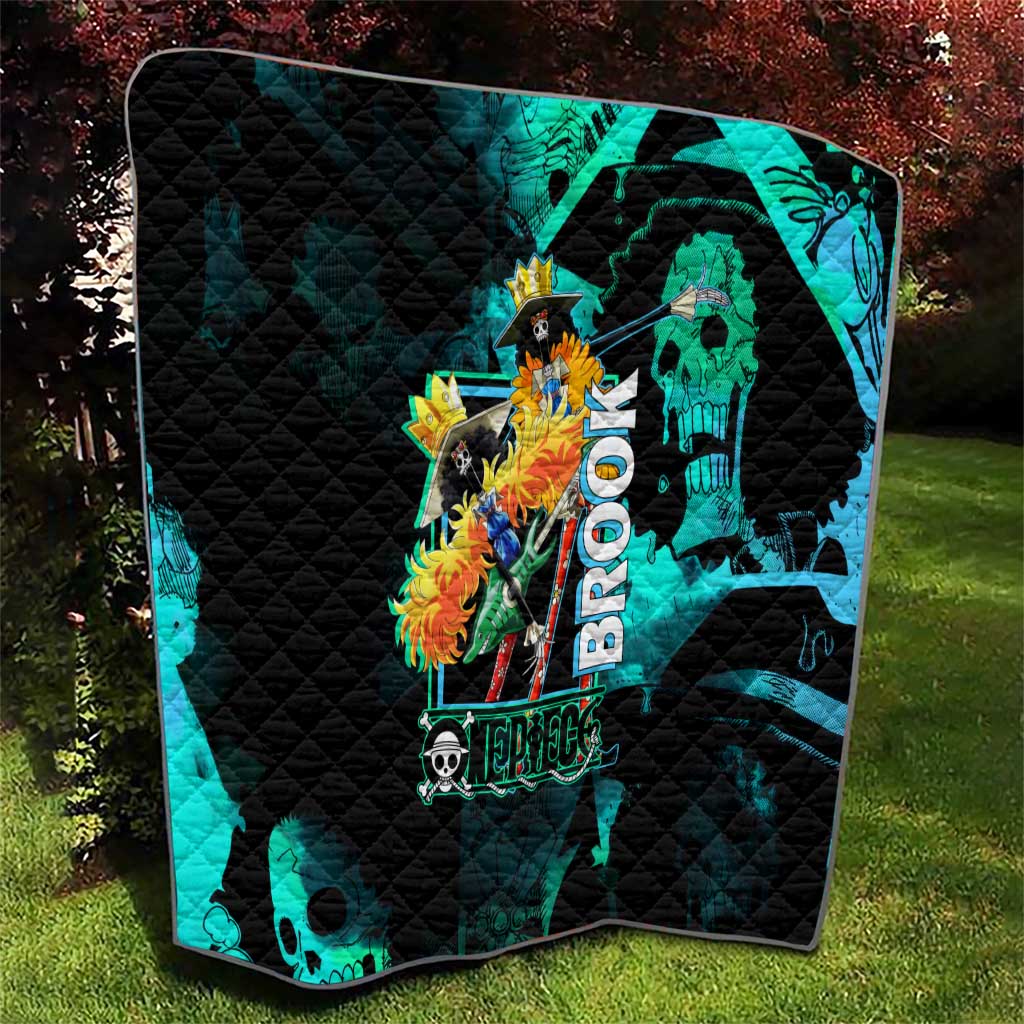 Brook One Piece Green and Black Theme Quilt with Soul King Guitar and Skeleton Jolly Roger Design - The Mazicc