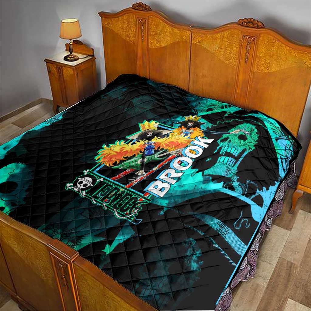 Brook One Piece Green and Black Theme Quilt with Soul King Guitar and Skeleton Jolly Roger Design - The Mazicc
