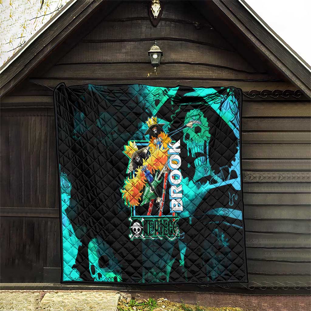 Brook One Piece Green and Black Theme Quilt with Soul King Guitar and Skeleton Jolly Roger Design - The Mazicc