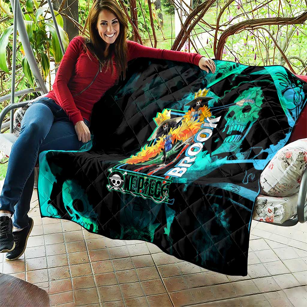 Brook One Piece Green and Black Theme Quilt with Soul King Guitar and Skeleton Jolly Roger Design - The Mazicc