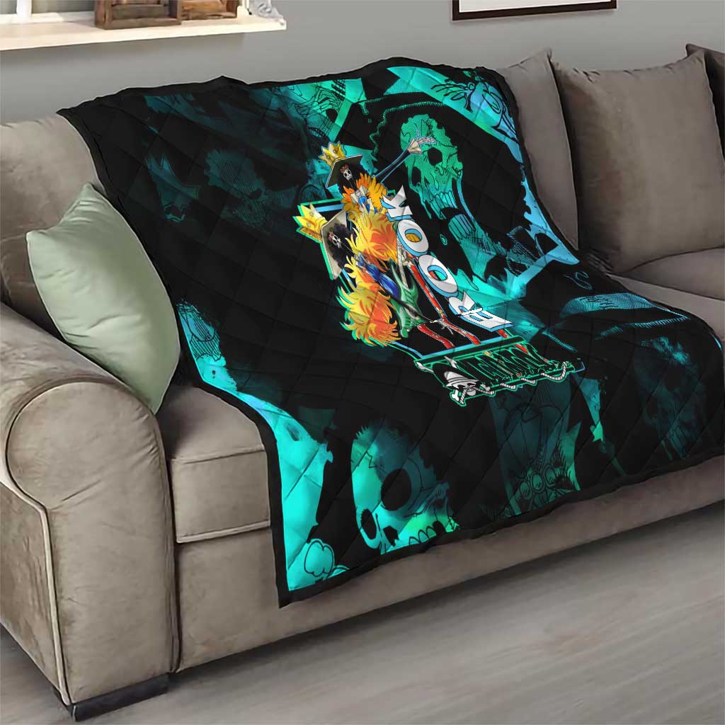 Brook One Piece Green and Black Theme Quilt with Soul King Guitar and Skeleton Jolly Roger Design - The Mazicc