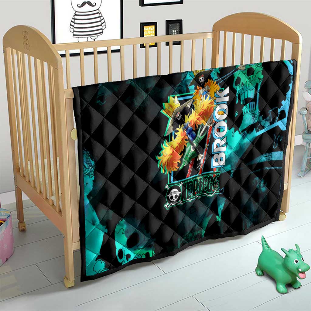 Brook One Piece Green and Black Theme Quilt with Soul King Guitar and Skeleton Jolly Roger Design - The Mazicc