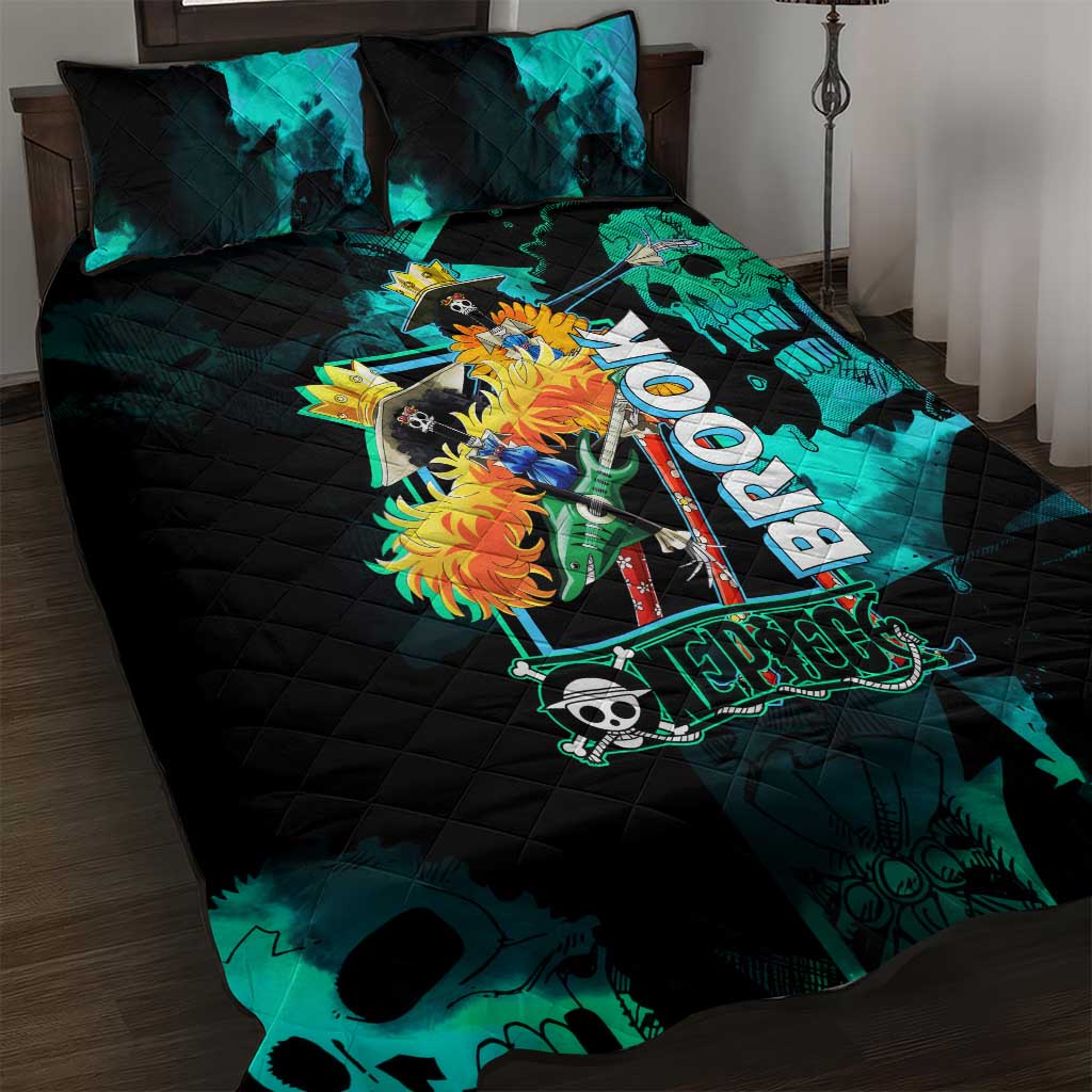 Brook One Piece Green and Black Theme Quilt Bed Set with Soul King Guitar and Skeleton Jolly Roger Design - The Mazicc