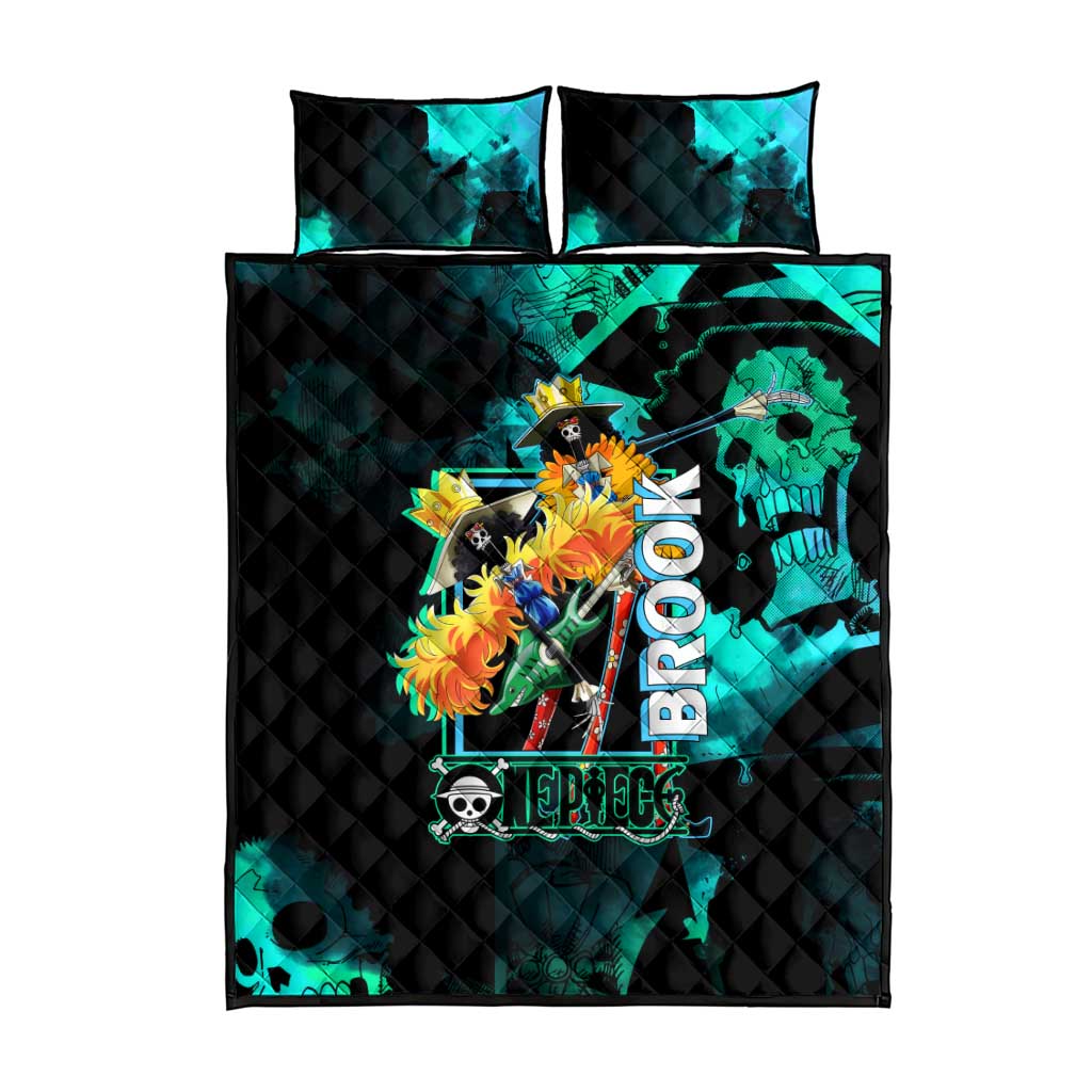 Brook One Piece Green and Black Theme Quilt Bed Set with Soul King Guitar and Skeleton Jolly Roger Design - The Mazicc
