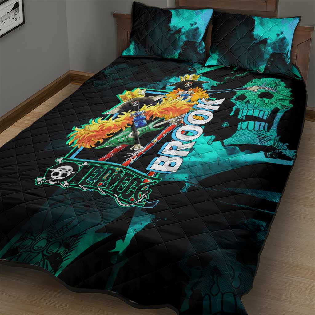 Brook One Piece Green and Black Theme Quilt Bed Set with Soul King Guitar and Skeleton Jolly Roger Design - The Mazicc