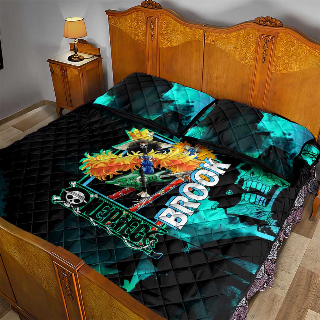 Brook One Piece Green and Black Theme Quilt Bed Set with Soul King Guitar and Skeleton Jolly Roger Design - The Mazicc
