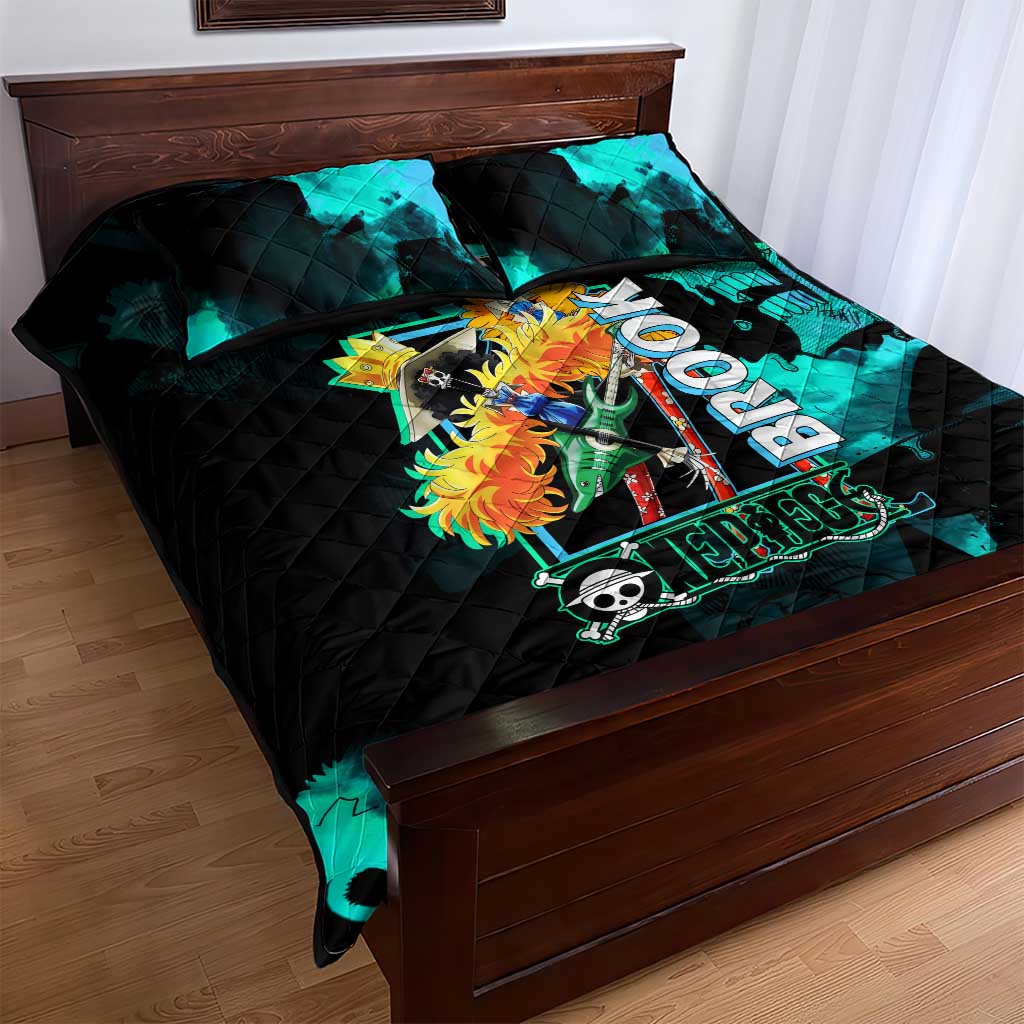 Brook One Piece Green and Black Theme Quilt Bed Set with Soul King Guitar and Skeleton Jolly Roger Design - The Mazicc