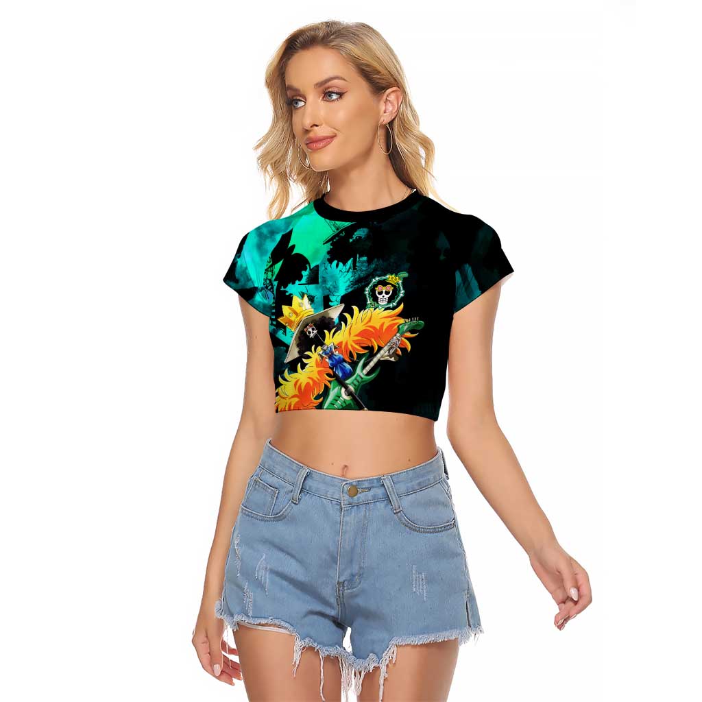 Brook One Piece Green and Black Theme Raglan Cropped T Shirt with Soul King Guitar and Skeleton Jolly Roger Design - The Mazicc