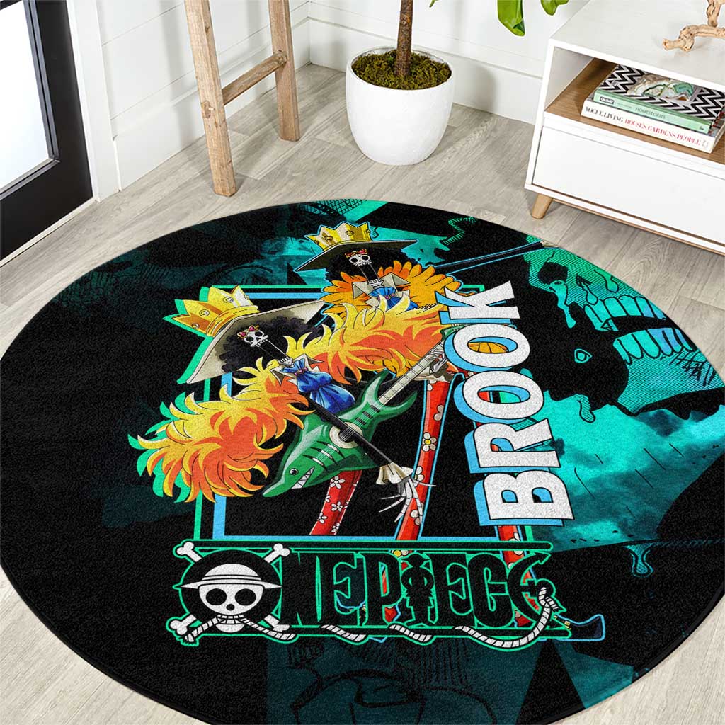 Brook One Piece Green and Black Theme Round Carpet with Soul King Guitar and Skeleton Jolly Roger Design - The Mazicc