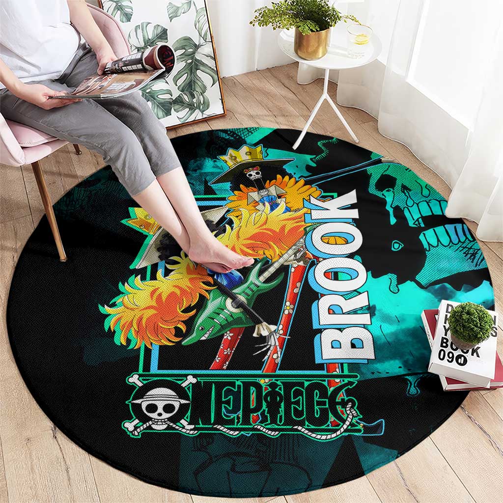 Brook One Piece Green and Black Theme Round Carpet with Soul King Guitar and Skeleton Jolly Roger Design - The Mazicc