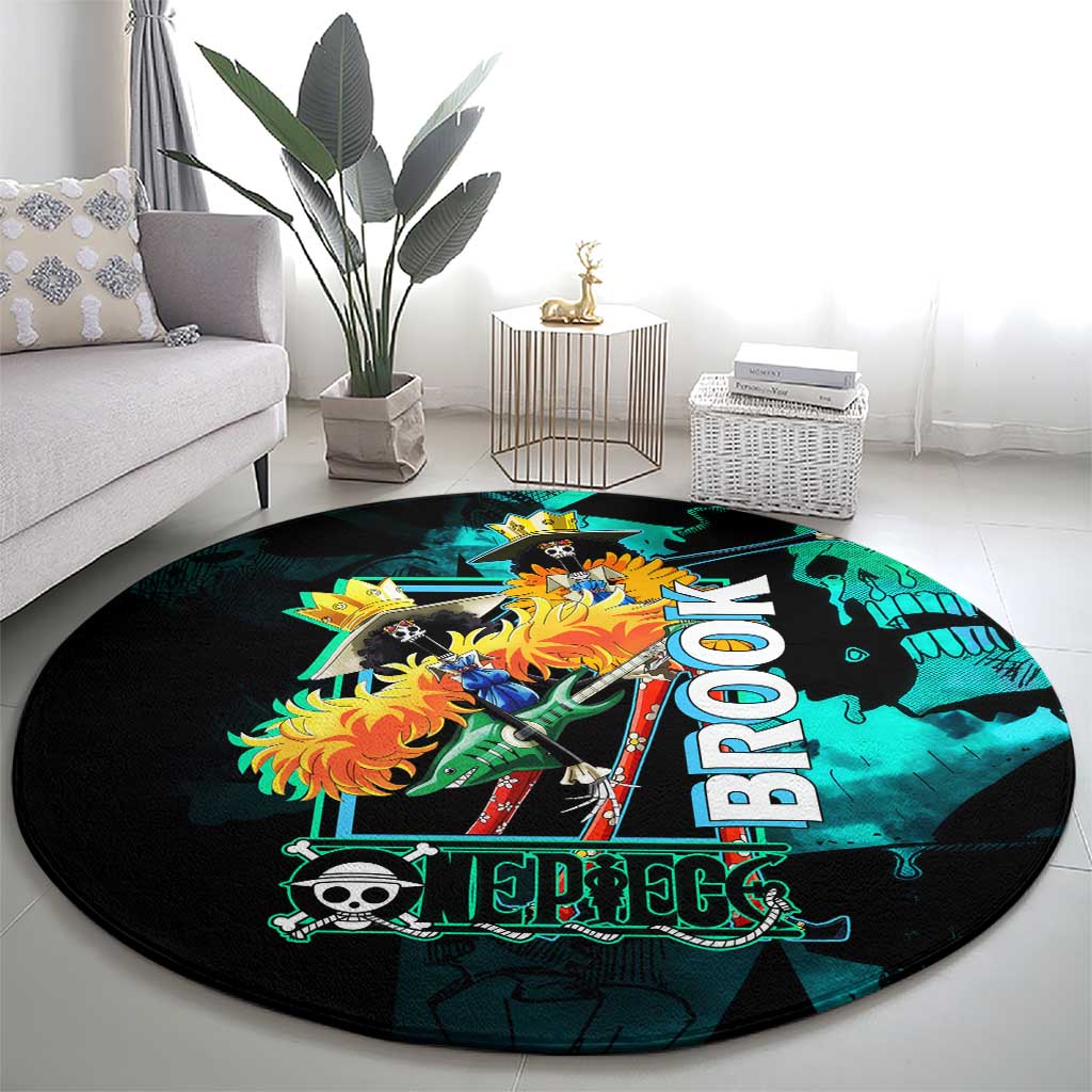 Brook One Piece Green and Black Theme Round Carpet with Soul King Guitar and Skeleton Jolly Roger Design - The Mazicc