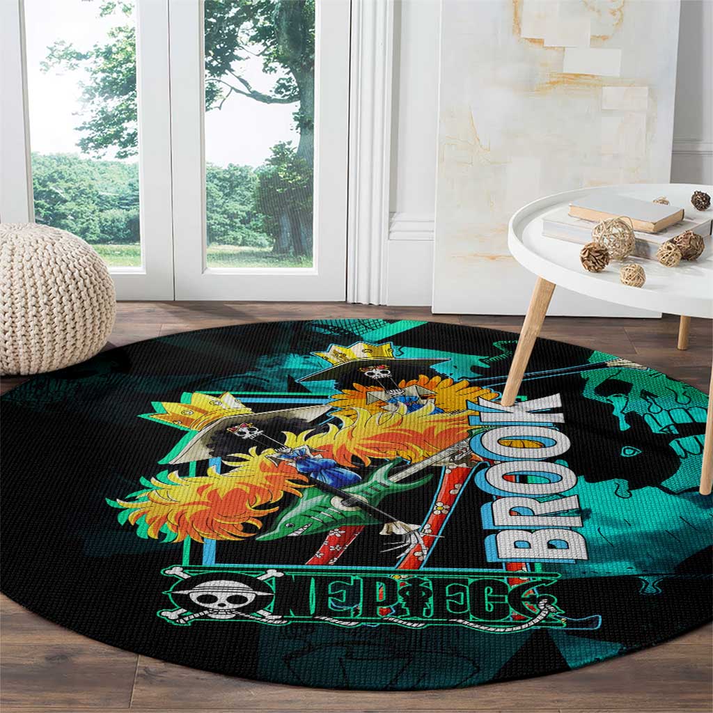 Brook One Piece Green and Black Theme Round Carpet with Soul King Guitar and Skeleton Jolly Roger Design - The Mazicc